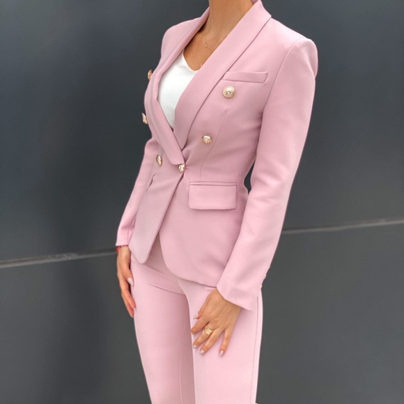 NEW!Double breasted jacket & pants pink beige suit - Picture 2 of 9